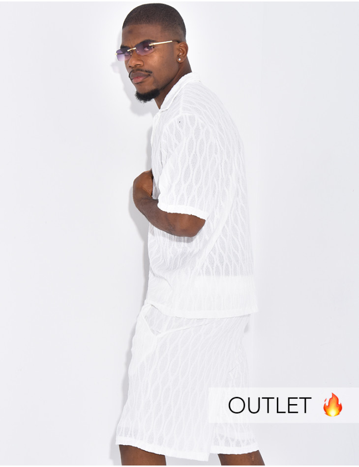 Ensemble texturé short et chemise manches à motifs vague en relief