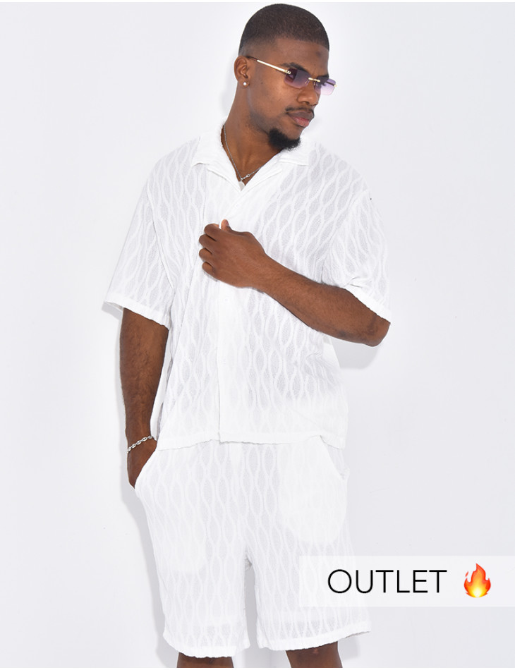 Ensemble texturé short et chemise manches à motifs vague en relief