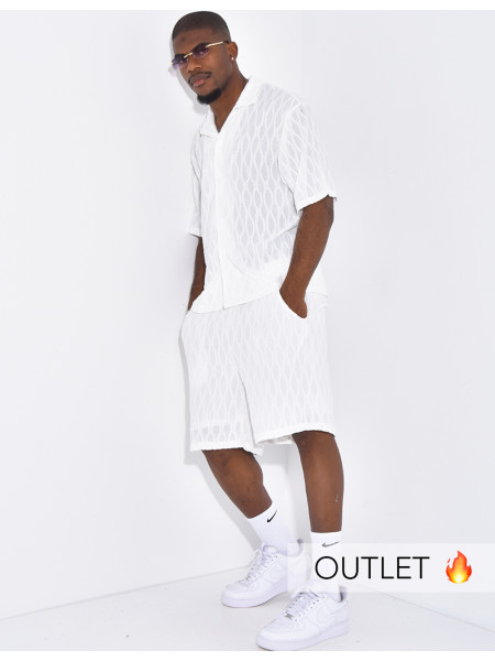 Ensemble texturé short et chemise manches à motifs vague en relief