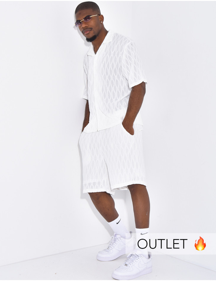 Ensemble texturé short et chemise manches à motifs vague en relief