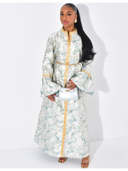 Hochwertige Brokat-Abaya mit Goldbesatz und passendem Gürtel