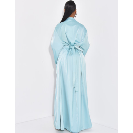 Hochwertige Satin-Abaya mit handgestickten Kristallen und Taillengürtel