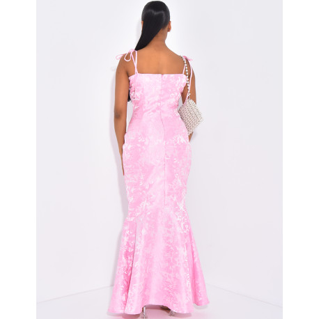 Robe sirène longue à motif ton sur ton brodé