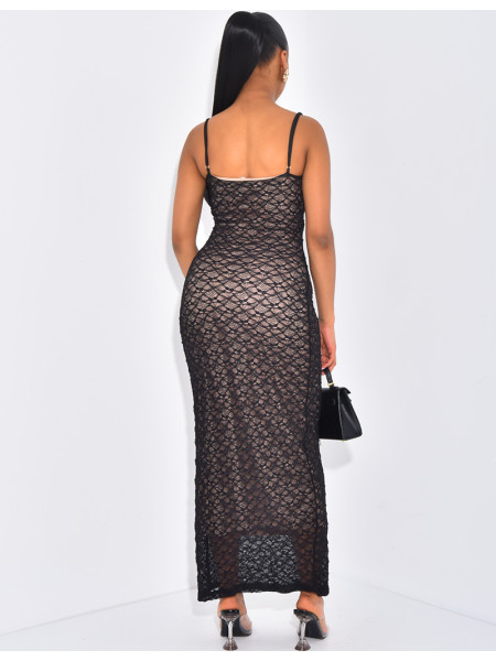 Long, lined lace dress with corset neckline