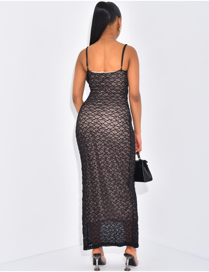 Long, lined lace dress with corset neckline