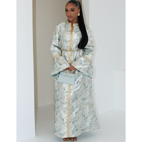 Abaya premium en tissu brocart à liséré doré & ceinture assortie