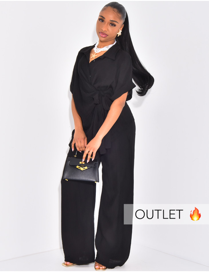 Wrap-over shirt and flowing straight-leg pants set