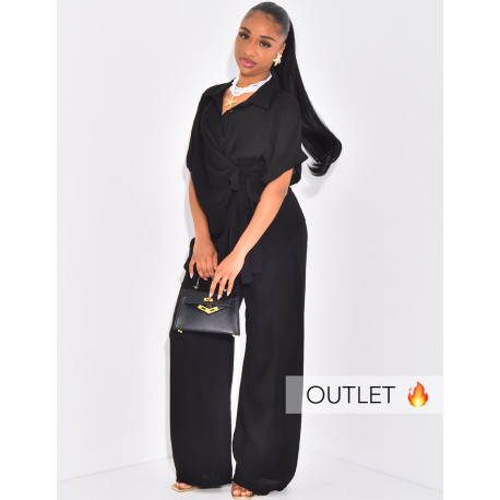Wrap-over shirt and flowing straight-leg pants set