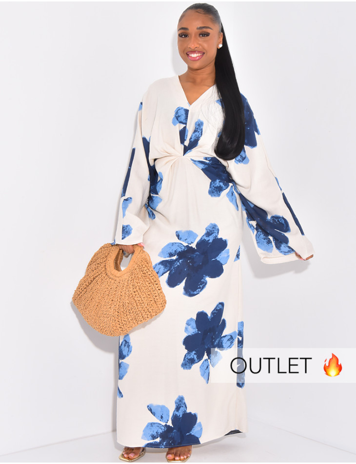 Robe longue effet lin imprimé floral à nouer dans le dos