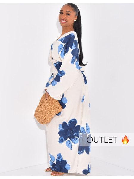 Langes Kleid in Leinenoptik mit Blumenmuster und Bindeband am Rücken