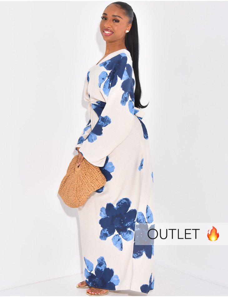 Langes Kleid in Leinenoptik mit Blumenmuster und Bindeband am Rücken