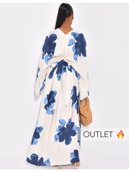 Langes Kleid in Leinenoptik mit Blumenmuster und Bindeband am Rücken