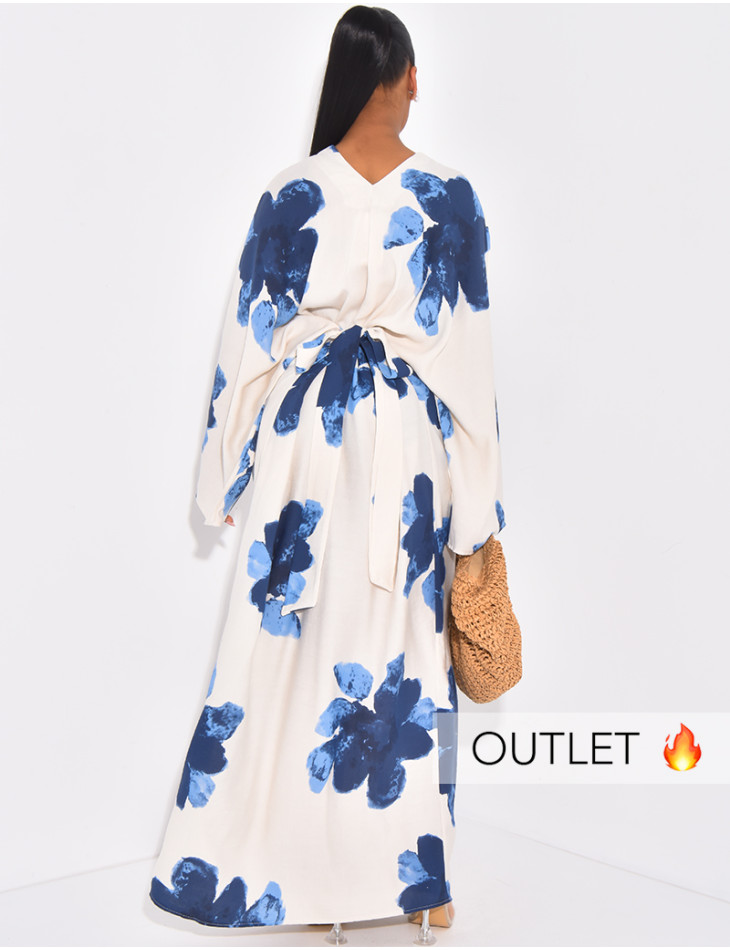 Langes Kleid in Leinenoptik mit Blumenmuster und Bindeband am Rücken