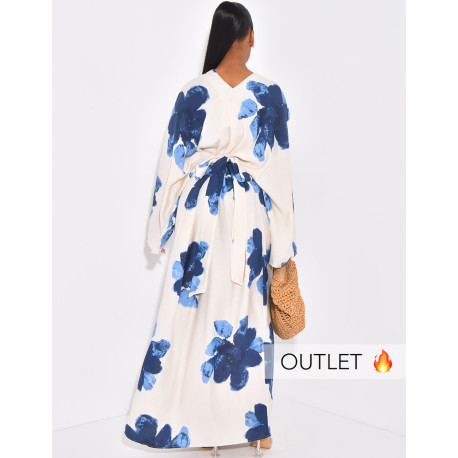 Langes Kleid in Leinenoptik mit Blumenmuster und Bindeband am Rücken