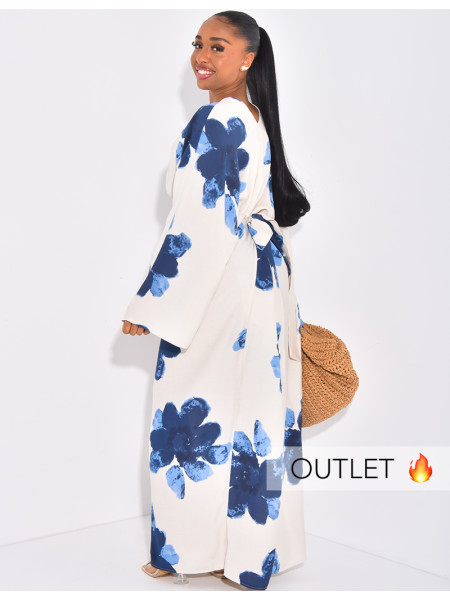 Langes Kleid in Leinenoptik mit Blumenmuster und Bindeband am Rücken