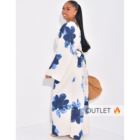 Langes Kleid in Leinenoptik mit Blumenmuster und Bindeband am Rücken