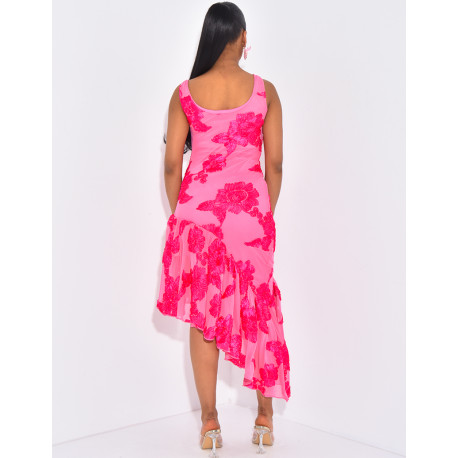 Robe asymétrique moulante à fleurs brodées