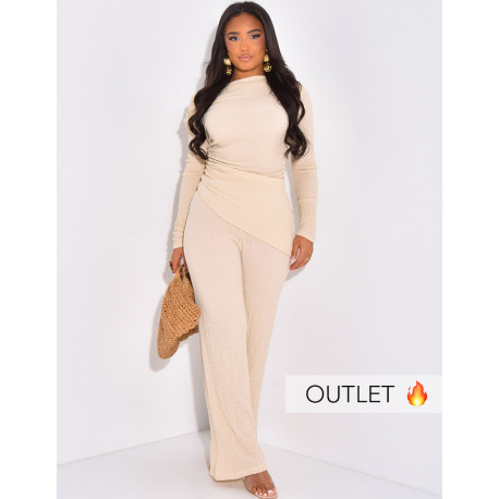 Set of draped top and straight trousers in textured fabric