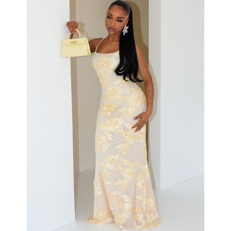 Robe longue à fleurs brodées & fines bretelles