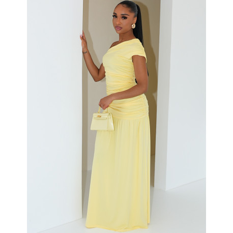 Langes, gerafftes, asymmetrisches Kleid