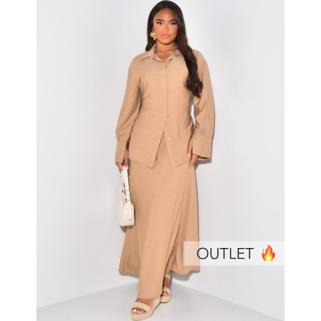 Long skirt and linen-effect tie-around shirt set