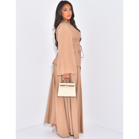 Linen-look set with a long flared skirt and lace-up blouse
