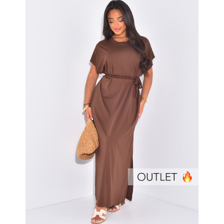 Long t-shirt dress with a braided tie belt at the waist