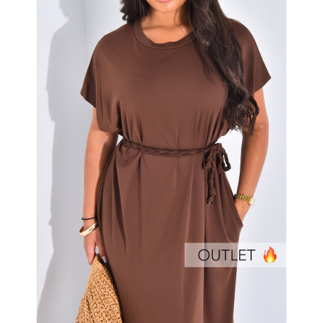 Robe t-shirt longue avec ceinture tresse à nouer à la taille