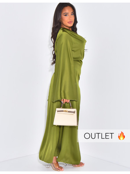 Langes Kleid aus Satin mit drapiertem Kragen, der im Rücken gebunden wird.