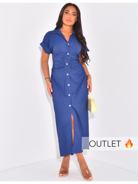Robe effet jeans longue à boutonner effet froncée