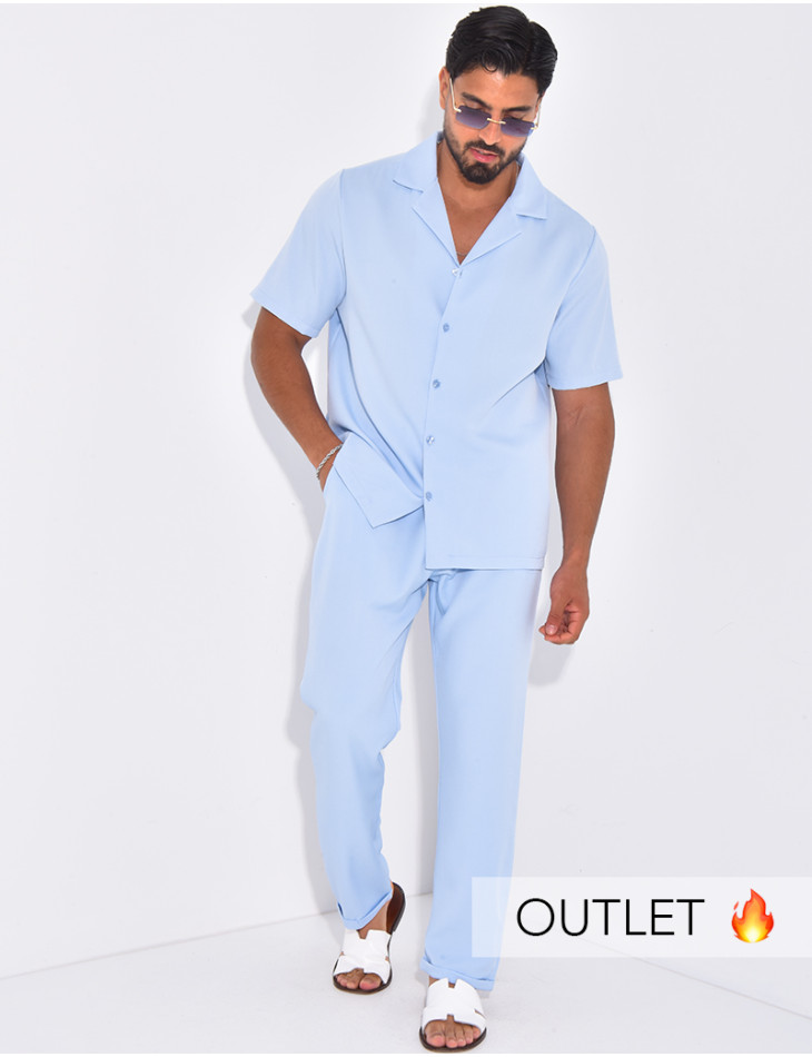 Survêtement Bleu 2 Pièces – Ensemble Décontracté Chemise Manches Courtes + Pantalon – Tissu Confortable – Look Casual Loisirs