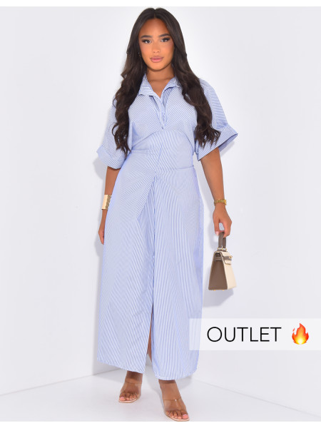 Langes, gestreiftes Hemdblusenkleid mit taillierter Passform und Bindeband hinten