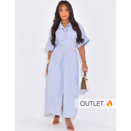 Langes, gestreiftes Hemdblusenkleid mit taillierter Passform und Bindeband hinten