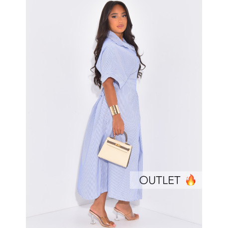 Langes, gestreiftes Hemdblusenkleid mit taillierter Passform und Bindeband hinten