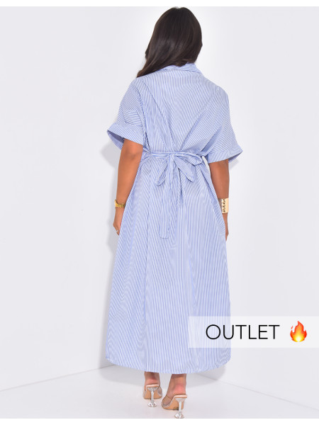 Langes, gestreiftes Hemdblusenkleid mit taillierter Passform und Bindeband hinten