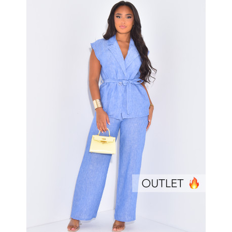 Linen-effect pants and sleeveless tie-up vest set