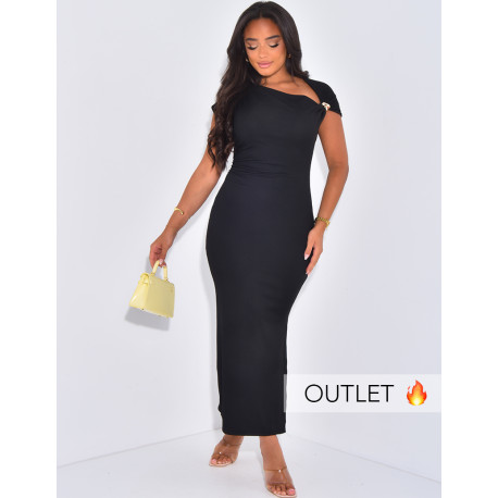 Robe longue côtelé drapé au col à bijoux doré