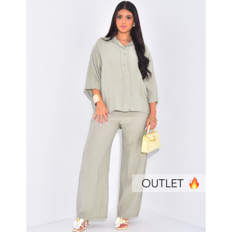 Straight-leg pants and textured 3/4-sleeve shirt set