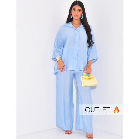 Straight-leg pants and textured 3/4-sleeve shirt set