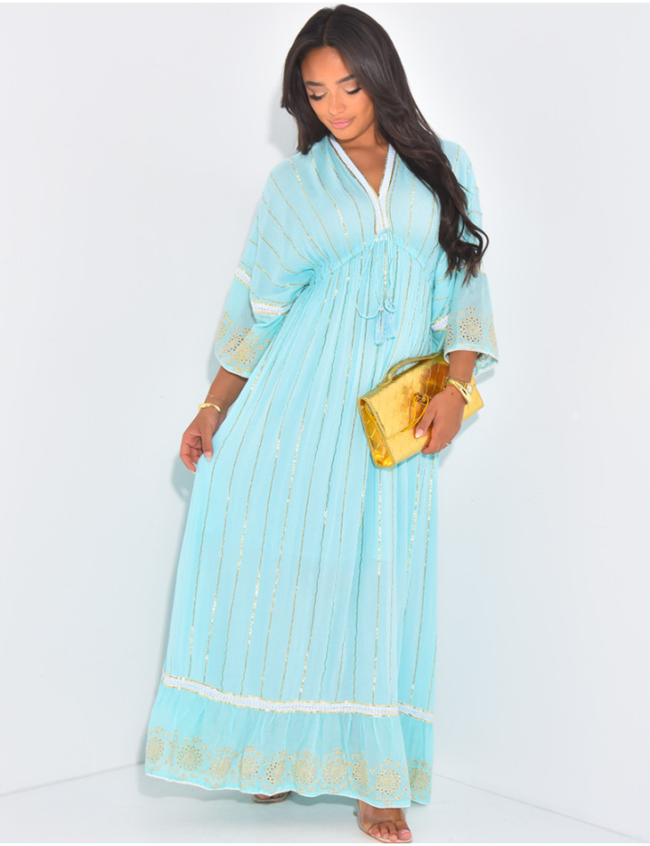 Robe bohème longue à broderies et fils dorés
