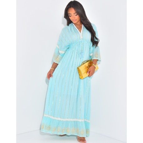 Robe bohème longue à broderies et fils dorés