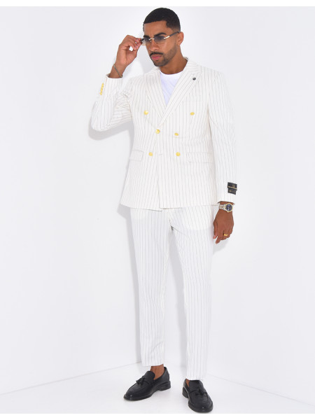 Ensemble de costume croisé 2 pièces à boutons dorés & rayures