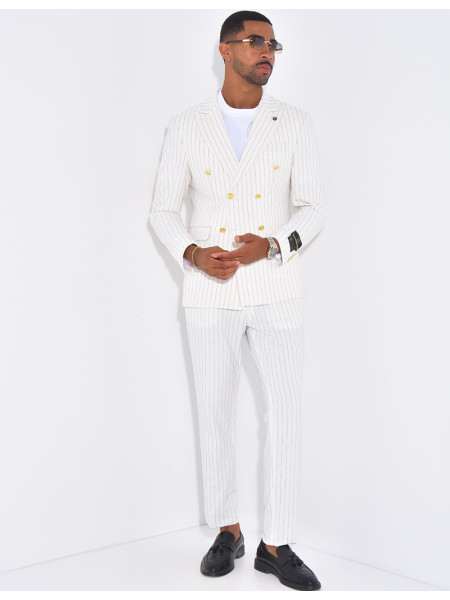 Ensemble de costume croisé 2 pièces à boutons dorés & rayures