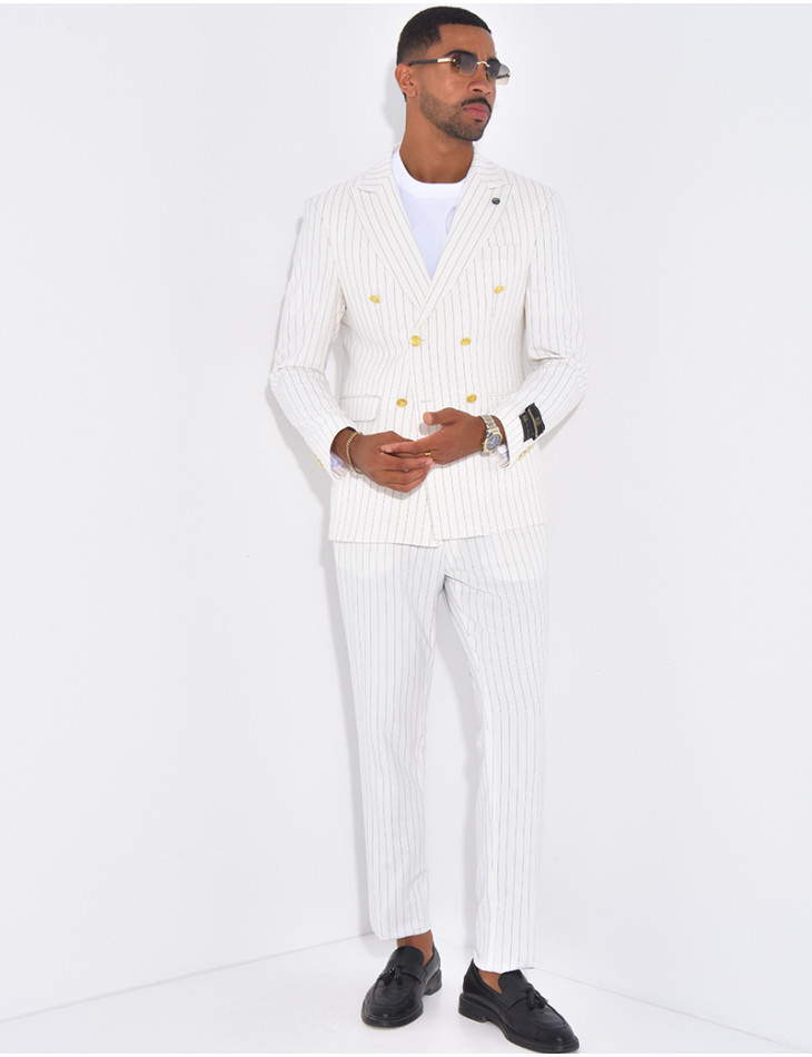 Ensemble de costume croisé 2 pièces à boutons dorés & rayures