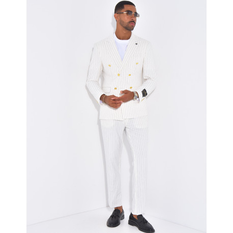 Ensemble de costume croisé 2 pièces à boutons dorés & rayures