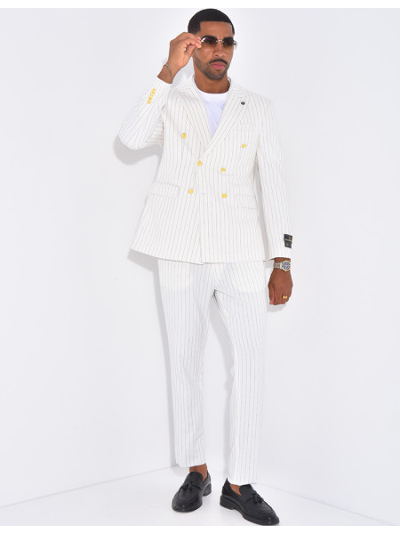 Ensemble de costume croisé 2 pièces à boutons dorés & rayures