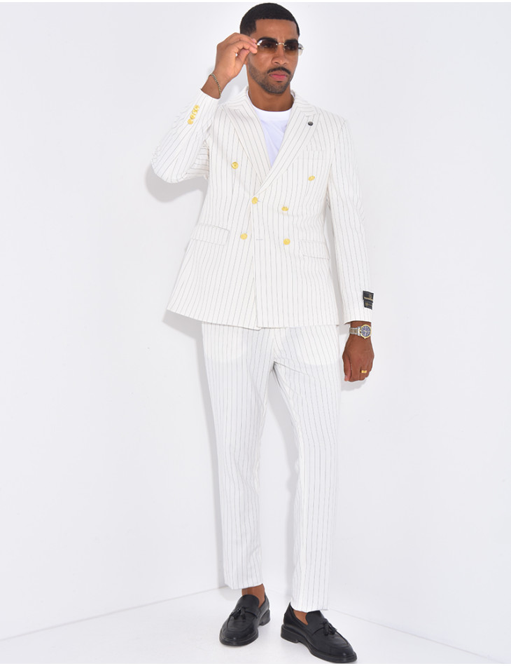 Ensemble de costume croisé 2 pièces à boutons dorés & rayures