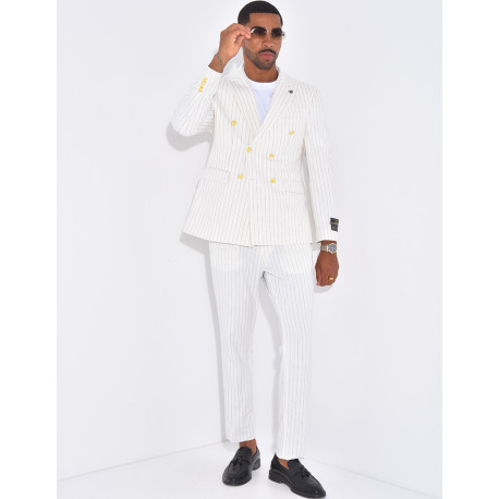 Ensemble de costume croisé 2 pièces à boutons dorés & rayures