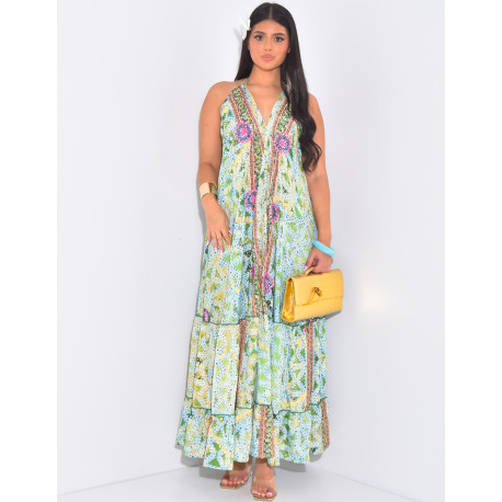 Robe longue en soie dos nu imprimée à broderies & pompons