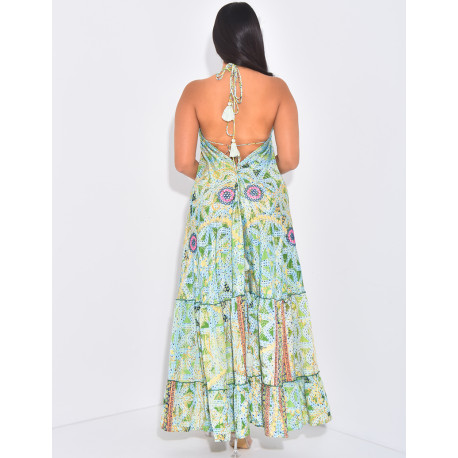 Robe longue en soie dos nu imprimée à broderies & pompons